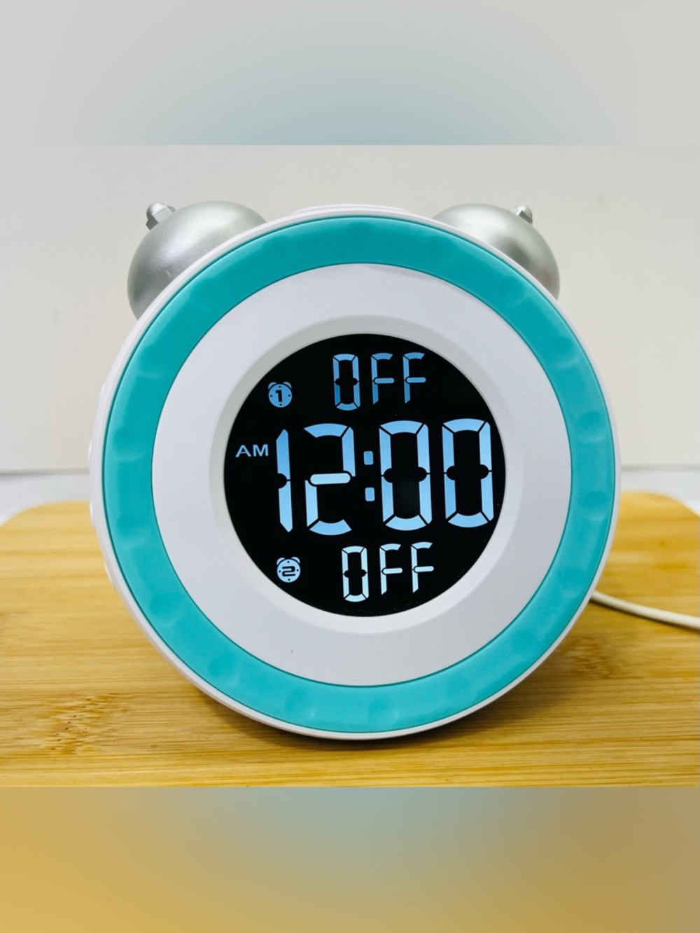 Digital Twin Bell Alarm Clock - Aqua/White